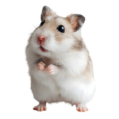 Obraz premium Cute hamster standing upright with paws together, set against a plain background, ideal for pet care