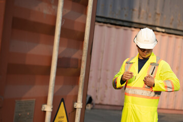 Caucasian worker use walkie talkie working with checking container at container site	