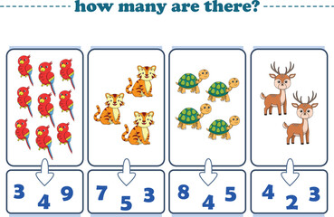 Counting game of wild animals for preschool kids. Printable. Vector Illustration