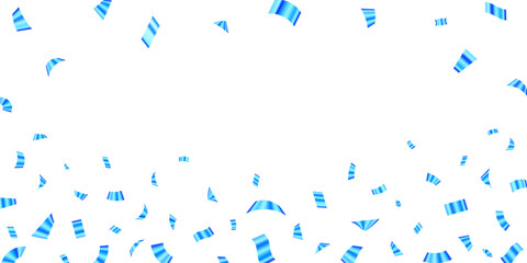 Festive blue metallic confetti background, falling shiny streamers for party celebration. Anniversary celebration banner background. Bright festive tinsel. Birthday party confetti backdrop.