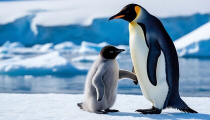 Fototapeta premium An adult emperor penguin stands beside a fluffy gray chick on the icy landscape of Antarctica. The background features blue icebergs and a calm sea.