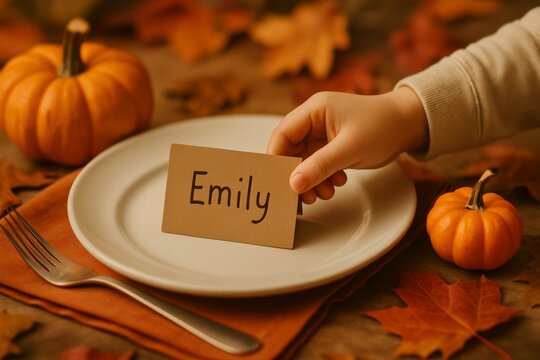 Children's hand holding place card on festive autumn table setting with mini pumpkins and fall leaves
