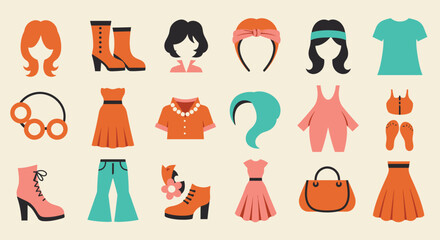 Fototapeta premium Mix-and-Match Retro Fashion Icon Set – 60s & 70s Inspired Hairstyles, Clothing & Accessories