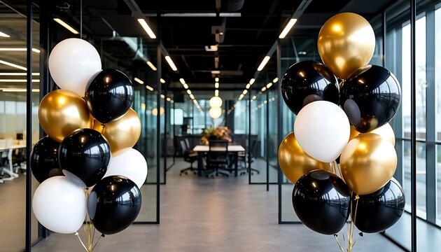 A modern office space decorated with black, white, and gold balloons. Glass walls and a conference table are visible in the background. - Powered by Adobe
