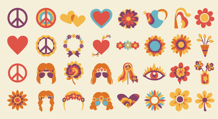 Hippie Symbol Icon Set – Retro 60s Peace, Love & Flower Power Illustrations