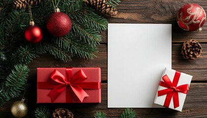 Christmas gifts and decorations arranged on a wooden table. Two wrapped presents, one red and one white, alongside pine cones and a blank sheet of paper.