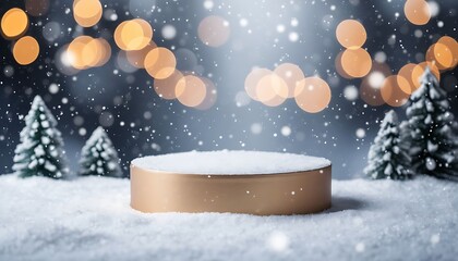 A snowy scene with a circular podium surrounded by evergreen trees. Soft bokeh lights create a festive atmosphere. Snowflakes gently fall in the background.