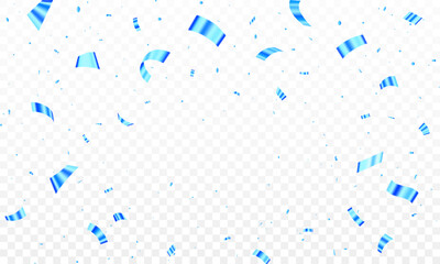 Celebration background of falling blue confetti and glitter on a transparent backdrop. Celebration carnival ribbons, confetti vector illustration