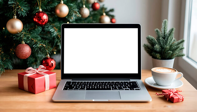 A laptop with a blank screen sits on a wooden table. Nearby, a cup of coffee, a small Christmas tree, and wrapped gifts are arranged. Holiday decorations are visible.