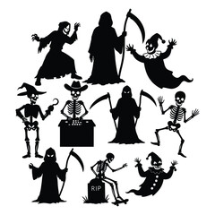 Halloween Black Silhouette Vector Character Set with Grim Reaper, Skeleton, Witch, and Evil Clown .