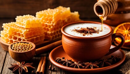 A warm cup of spiced milk with honey, surrounded by honeycomb, cinnamon sticks, and star anise on a wooden table. Cozy and inviting atmosphere.