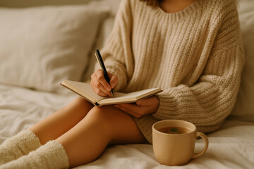Cozy woman writing in journal with coffee in warm knit sweater on bed