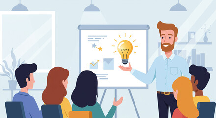 Business Idea Presentation Concept. Vector cartoon illustration of an office worker presenting his idea with a light bulb in front of his colleagues. Isolated on background
