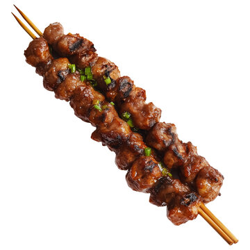 Grilled chicken yakitori skewer with teriyaki glaze or Isaw Filipino street food isolated on white transparent background, concept of Asian street food snack