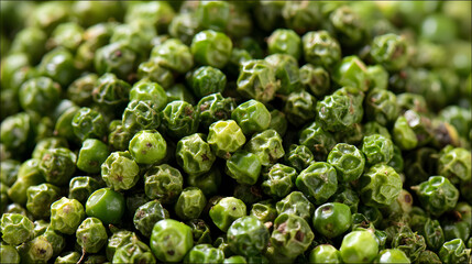 Fresh Green Peppercorns in Chaotic Arrangement, Perfect for Culinary and Food Photography Needs