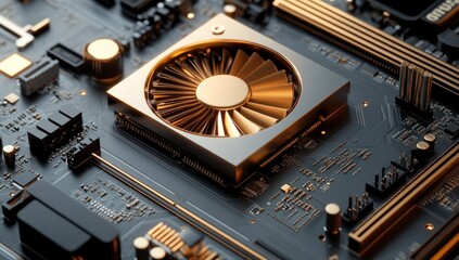 Detailed Shot of Modern Computer Motherboard with Gold Accents and Cooling System
