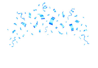 Blue confetti explosion with streamers, stars and ribbons on a white background. Party decoration, Anniversary, Christmas, New Year, Carnival festivity, Valentine’s Day, Holiday, National Holiday,