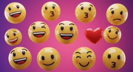 Obraz premium Emoji Collection with Smiling, Kissing, Sad Faces and Heart