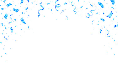 Blue confetti and streamers celebration background with copy space for celebration designs. 