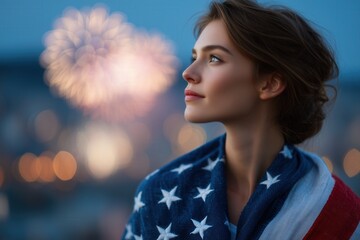 Young woman wrapped in American flag watching Independence Day fireworks at dusk