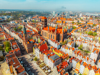 Gdansk with Motlawa river in Poland. Aerial landscape of the Main Town. Old town colourful house with saint Marys church