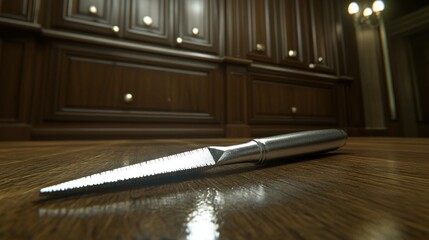 Sharp, metallic utility knife on wooden floor