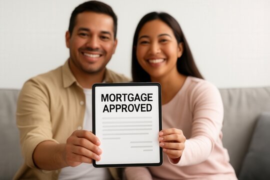 Happy couple celebrating mortgage approval with digital tablet