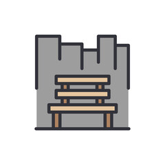 Isolated Wooden Bench Near A Gray Concrete Wall With Linear Design