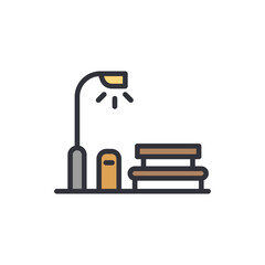 Isolated Vector Icon Of An Urban Scene With Bench And Streetlight
