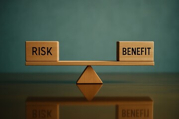 A wooden seesaw with blocks displaying "RISK" and "BENEFIT," symbolizing a balance between the two concepts