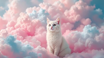 A white cat sitting peacefully amidst soft pink and blue clouds in a dreamy ethereal setting