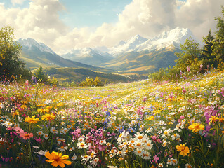 Fototapeta premium Vibrant Wildflower Meadow with Snow Capped Mountains and Bright Blue Sky for a Scenic Nature Landscape