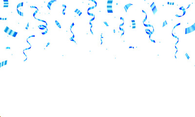 Gold confetti and ribbon, Elegant celebration background with Falling blue confetti and streamers on white backdrop. 