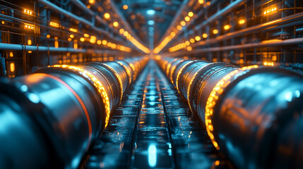 Futuristic digital pipeline visualizes AI ML IoT integration for smart leak detection and sustainable water management with glowing sensors, data streams, and a digital interface showcasing advanced t