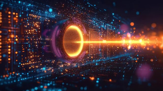 Digital realm with vibrant lights and glowing portals, abstract futuristic design