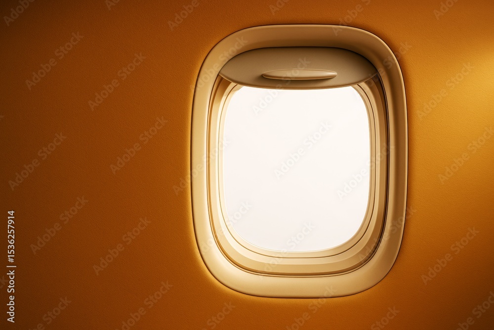 Poster minimalist close-up of airplane window with soft warm light and smooth yellow-orange background for 