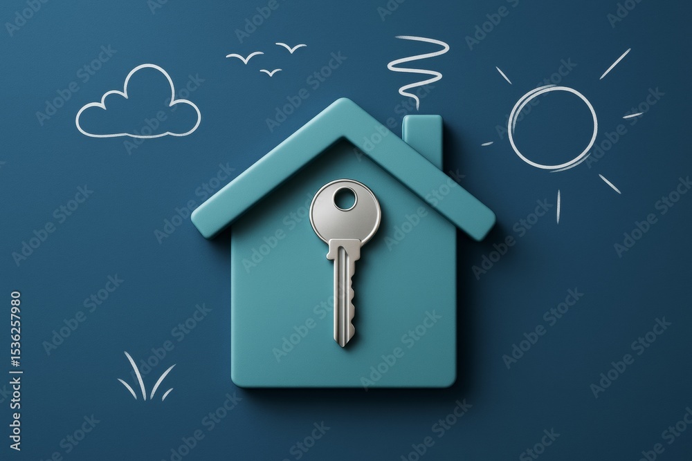Poster creative house icon with key on blue background and light graphic elements symbolizing home security