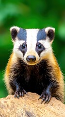 Obraz premium Alert Hog Badger Portrait Close up of a White, Black, and Brown Furry Mammal on a Rock