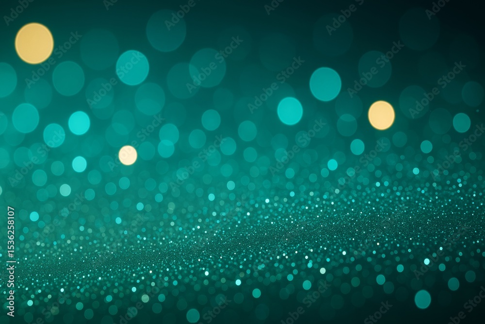 Aufkleber Abstract teal bokeh background with glowing light circles and sparkling surface on dark backdrop for festive or creative graphic use.