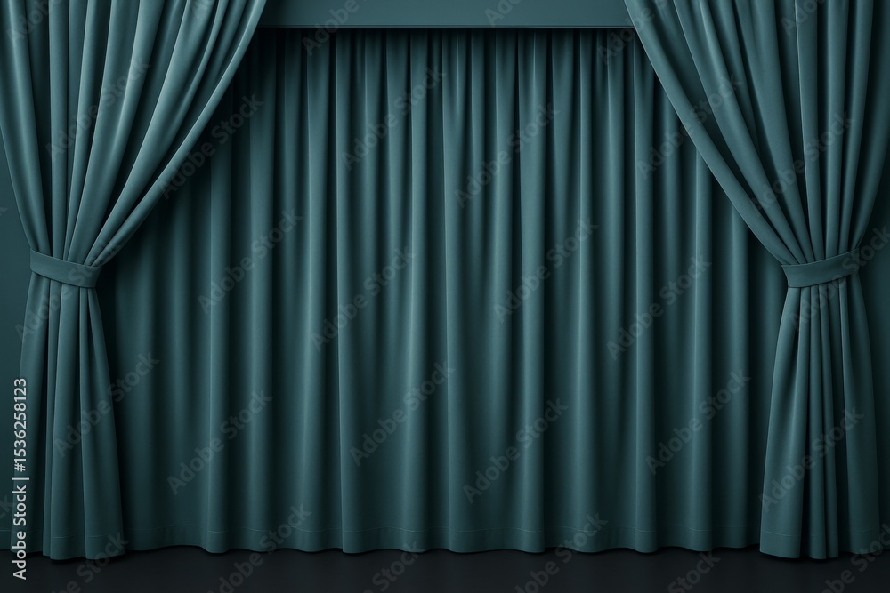 Poster Elegant dark teal stage curtain closed with tied side drapes in soft light creating an abstract background with smooth fabric texture detail.