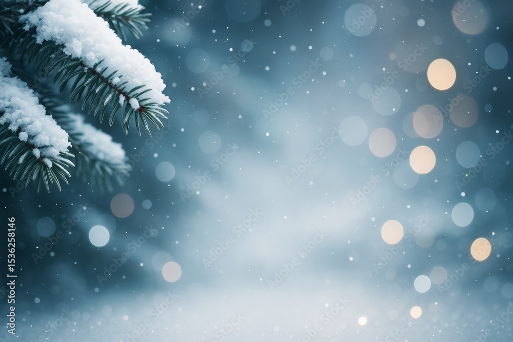 Poster Snow-covered fir tree branch with soft glowing lights and falling snow on a blue abstract winter background. Ai generative.