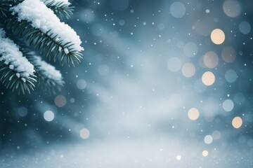 Snow-covered fir tree branch with soft glowing lights and falling snow on a blue abstract winter background. Ai generative.