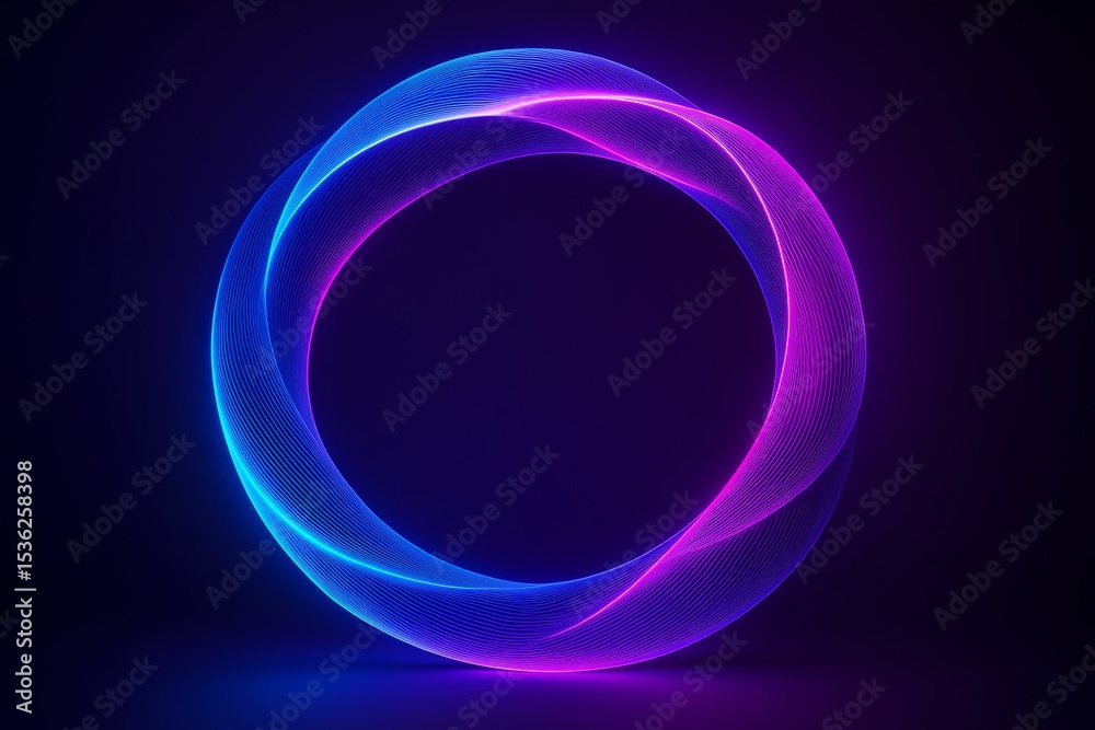 Poster glowing circular abstract light swirl in neon blue and purple tones on dark background with copyspac