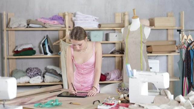 Young fashion designer stands with a tablet in his hands and draws a custom-made clothing layout in his sewing workshop. Seamstress prepares dress design for client