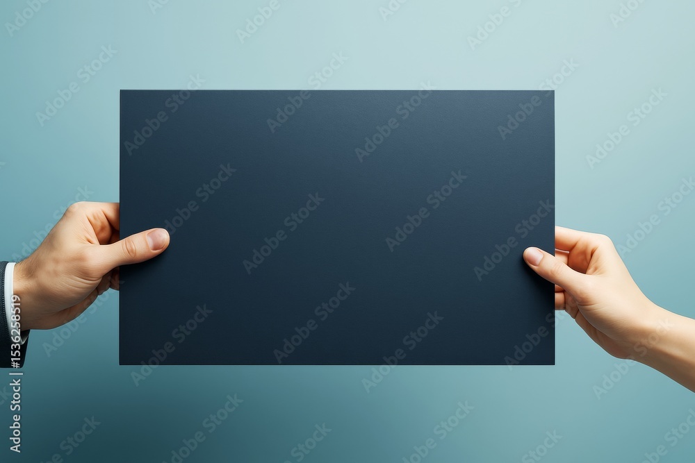 Poster Two hands holding a blank dark paper sheet on light blue background for mockup or design template concept in clean minimal style. Ai generative.