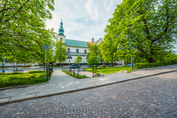 Wawel castle landmark with city view near river in Krakow Poland. Autumn landscape on coast river Wisla