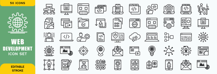 Set of 50 outline web development icons related to software. Linear icon collection. Editable stroke. Vector illustration