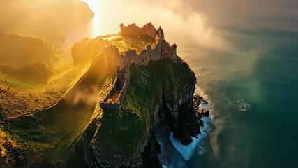 Breathtaking aerial view of Dunnottar Castle at sunrise overlooking the rugged coastline, Aerial view of the Dunnottar Castle at sunrise - Powered by Adobe
