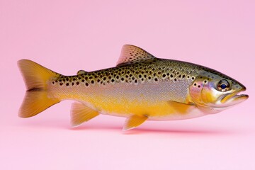Fototapeta premium Detailed Closeup of a Brown and Gold Trout on Pink Background