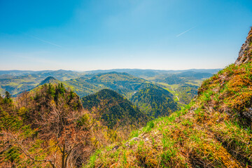Hiking to peak Tri Koruny or Trzy Korony during day. Pieniny National park in Poland. View from the lookout at the top © Zedspider